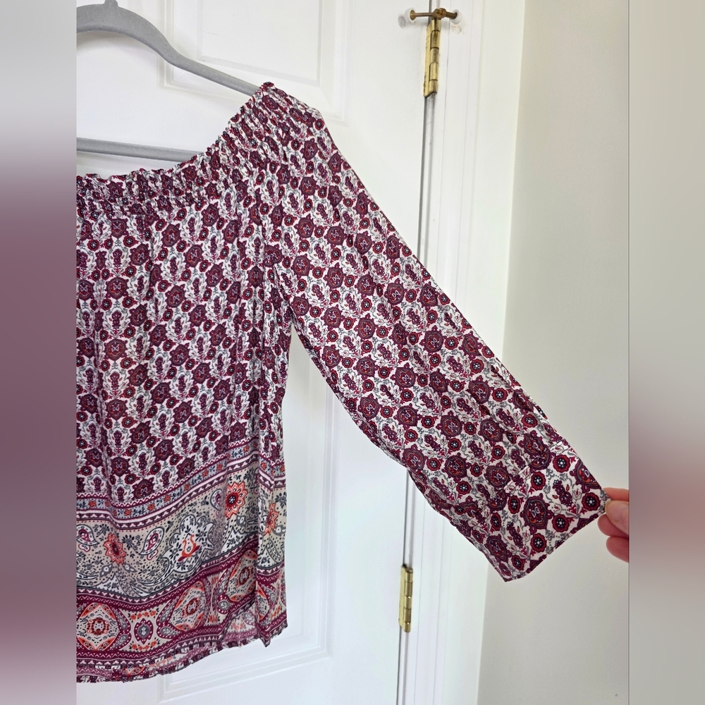 Skies Are Blue Off-the-Shoulder Paisley Print 3/4 Skeeve Boho Blouse Size S - Picture 3 of 8